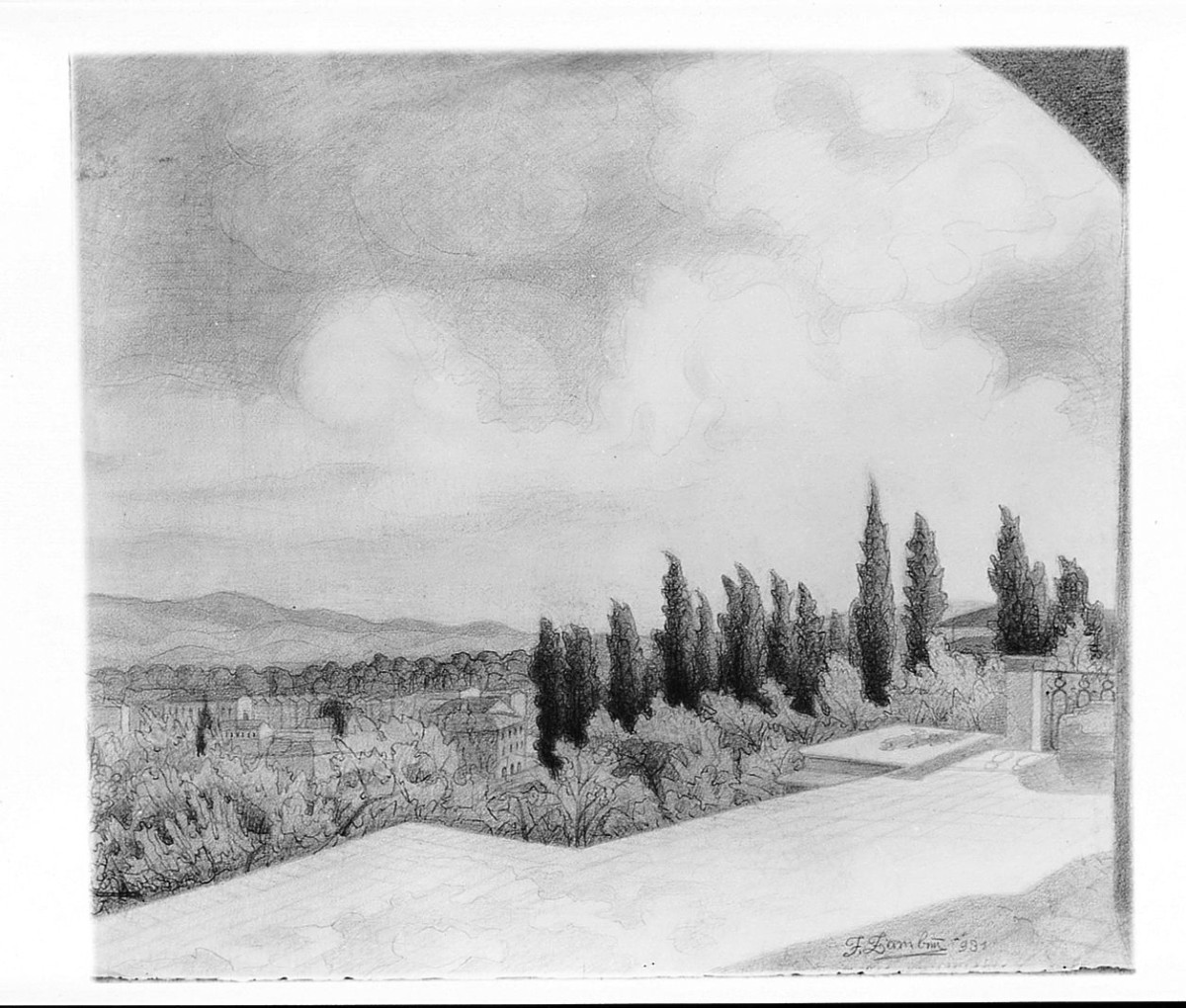 Veduta della collina di Montughi (r.), Veduta della collina di Montughi (v.) (disegno) di Zambini Ferrante (sec. XX)