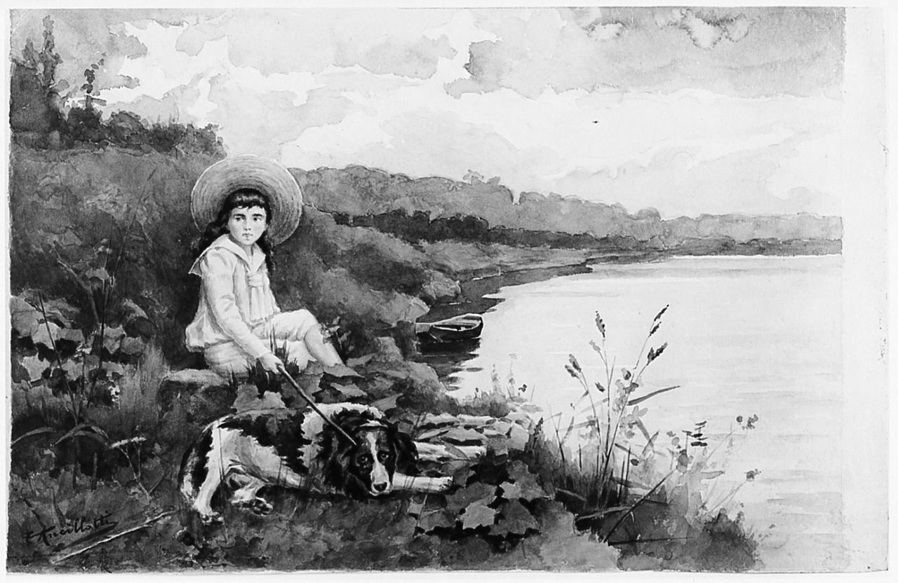 L'enfant en bleu, tto, paesaggio con figure (disegno) di Ancillotti Torello (sec. XIX)