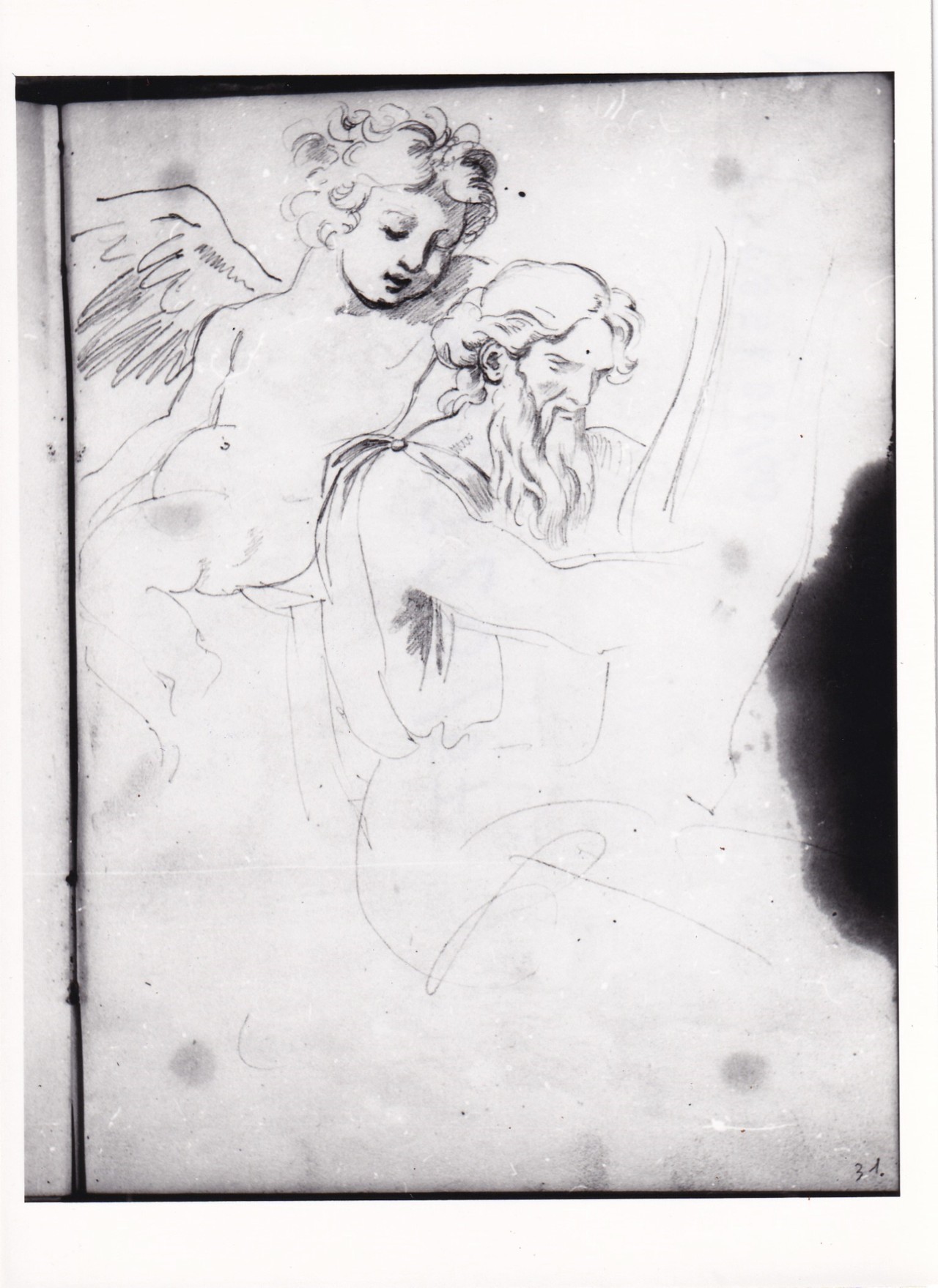 Personaggio maschile che suona la lira con genio alato che osserva (r.), Paesaggio con fontana (v.) (disegno) di Bezzuoli Giuseppe (sec. XIX)