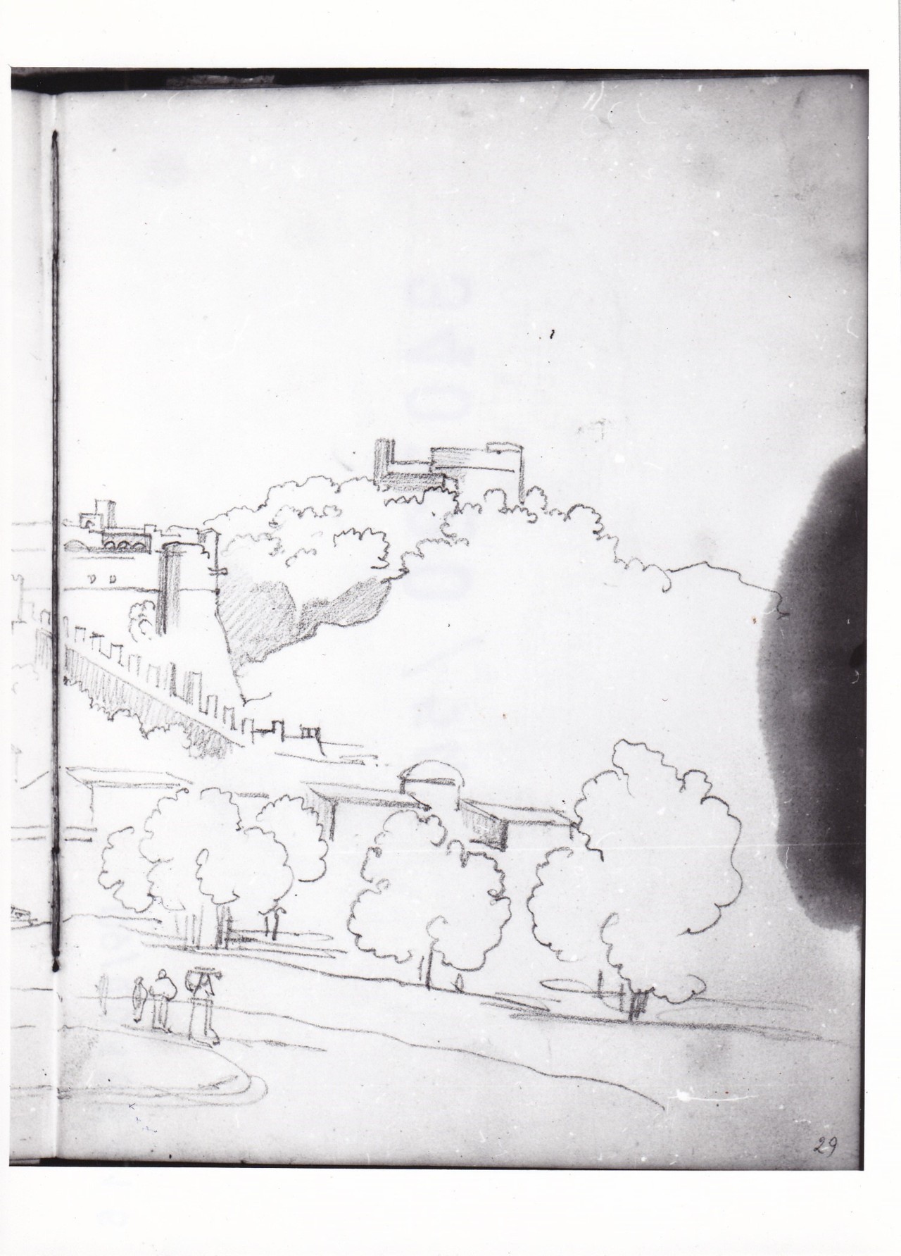 Paesaggio boscoso con fortificazioni (r.), Veduta di cortile interno di un castello (v.) (disegno) di Bezzuoli Giuseppe (sec. XIX)