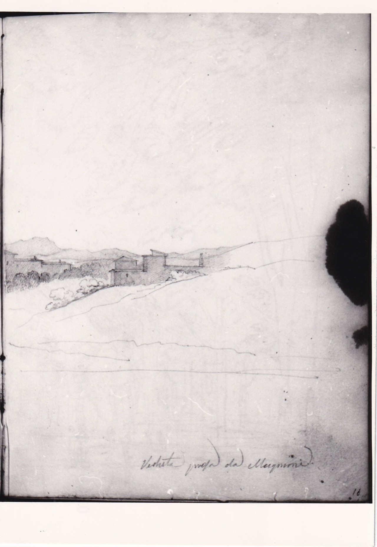 Paesaggio collinare con un gruppo di case (r.), Veduta di un bosco con figure, statue e architettura (v.) (disegno) di Bezzuoli Giuseppe (sec. XIX)