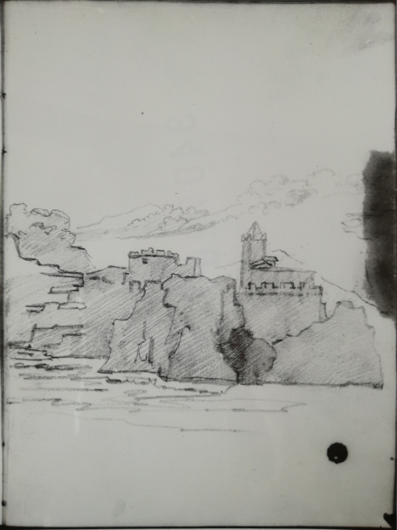 Paestum (r.), Paesaggio con due templi classici in riva al mare (r.), Veduta con un paese a picco sul mare (v.) (disegno) di Bezzuoli Giuseppe (sec. XIX)