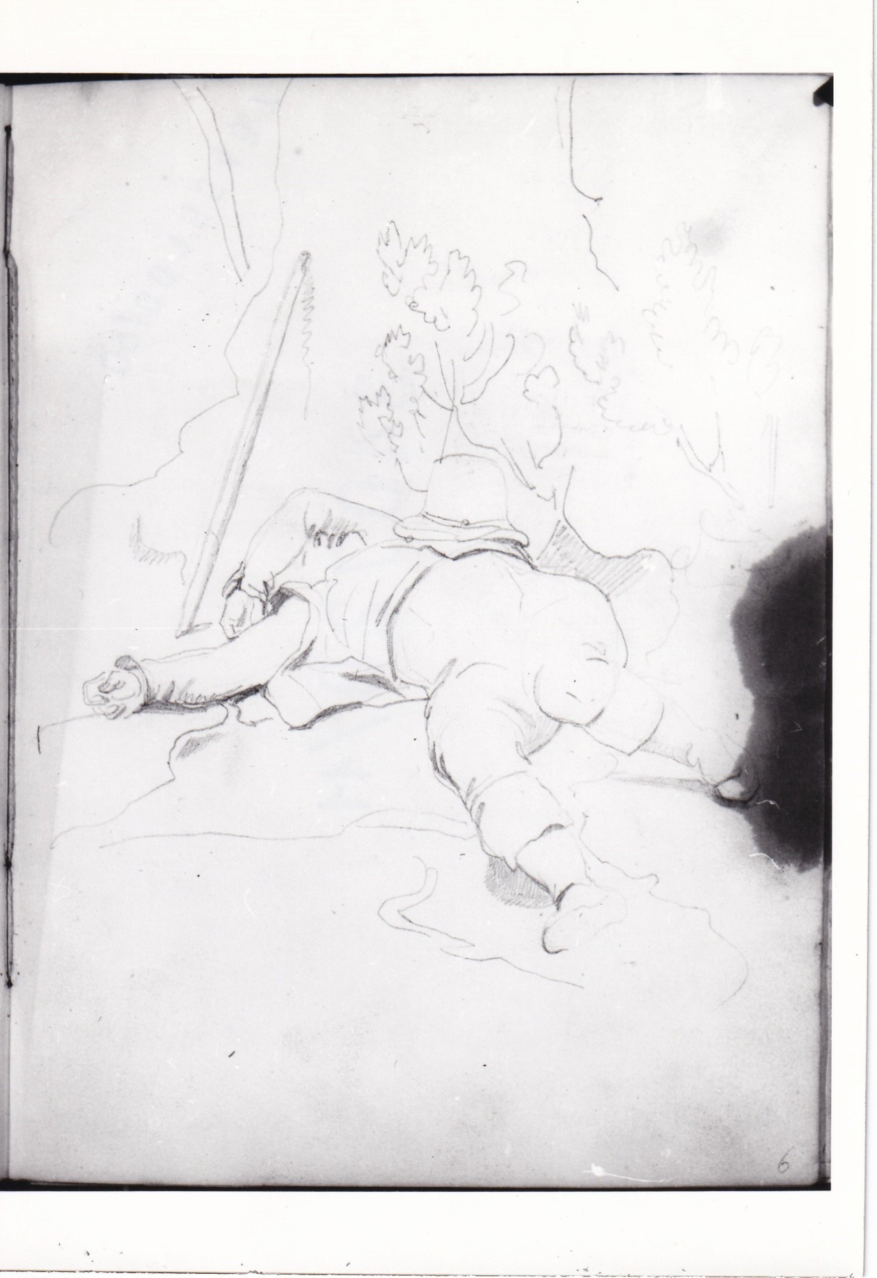 Figura d'uomo disteso e addormentato (r.), Paesaggio con templi classici in riva al mare (v.) (disegno) di Bezzuoli Giuseppe (sec. XIX)