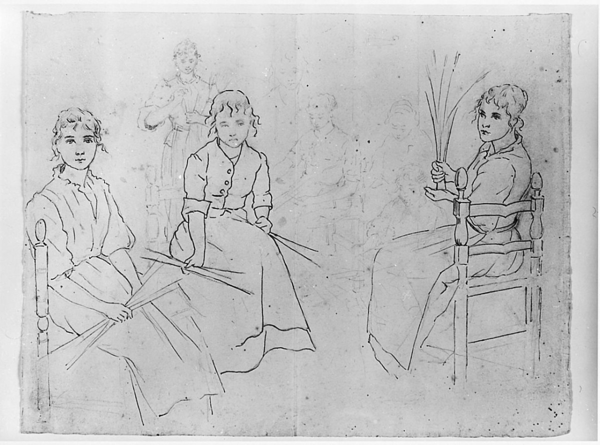 Trecciaiole (r.), figure femminili (r.), figura femminile seduta (v.) (disegno) di Ancillotti Torello (sec. XIX)