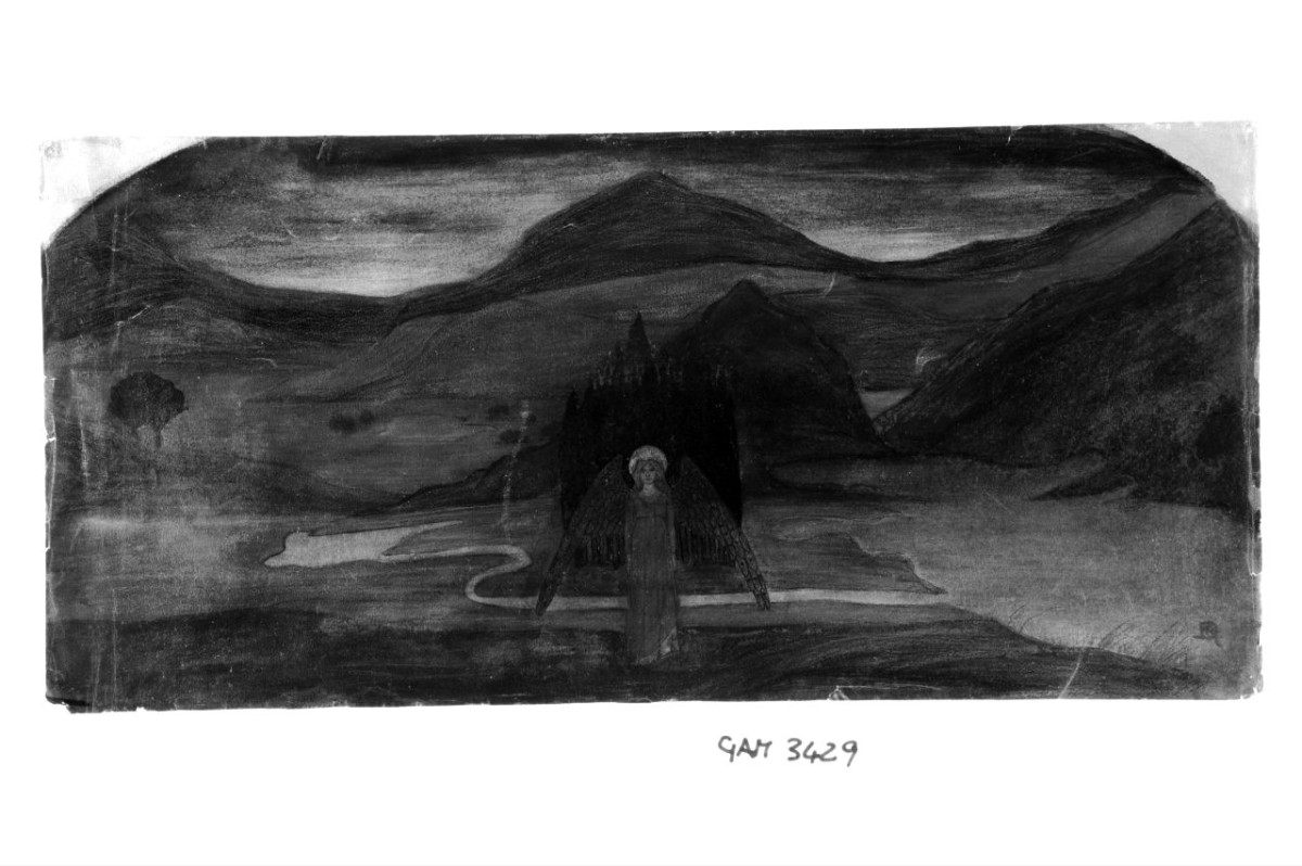 L'angelo della notte, paesaggio con figure (disegno) di Ancillotti Goretti Beatrice (sec. XX)