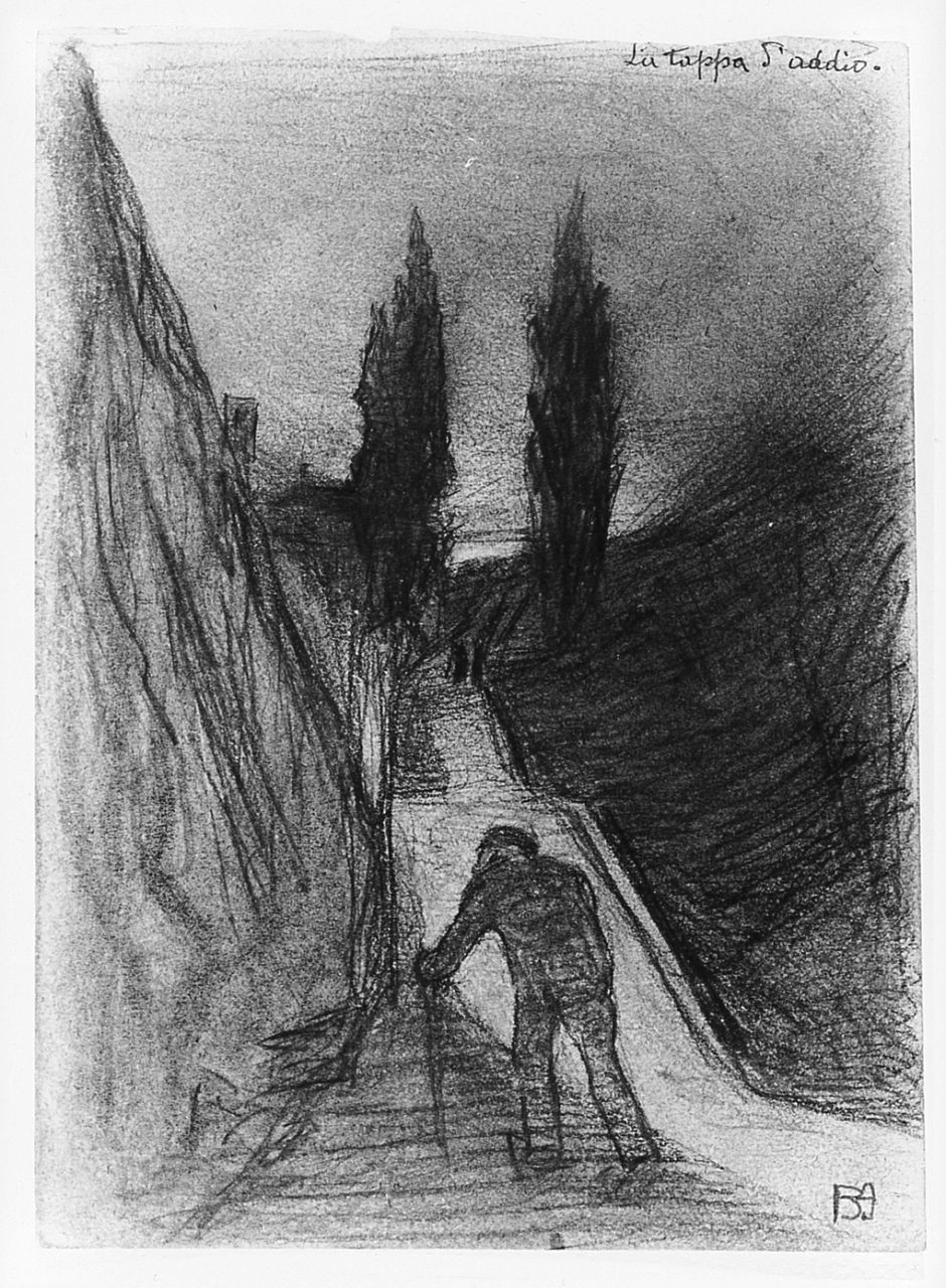 La tappa d'addio, paesaggio con figure (disegno) di Ancillotti Goretti Beatrice (sec. XX)
