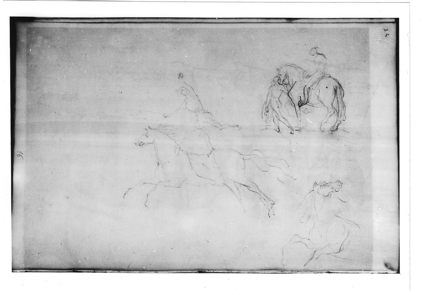 Studi di figure (r.), Tre studi di cavaliere (v.) (disegno) di Bezzuoli Giuseppe (sec. XIX)
