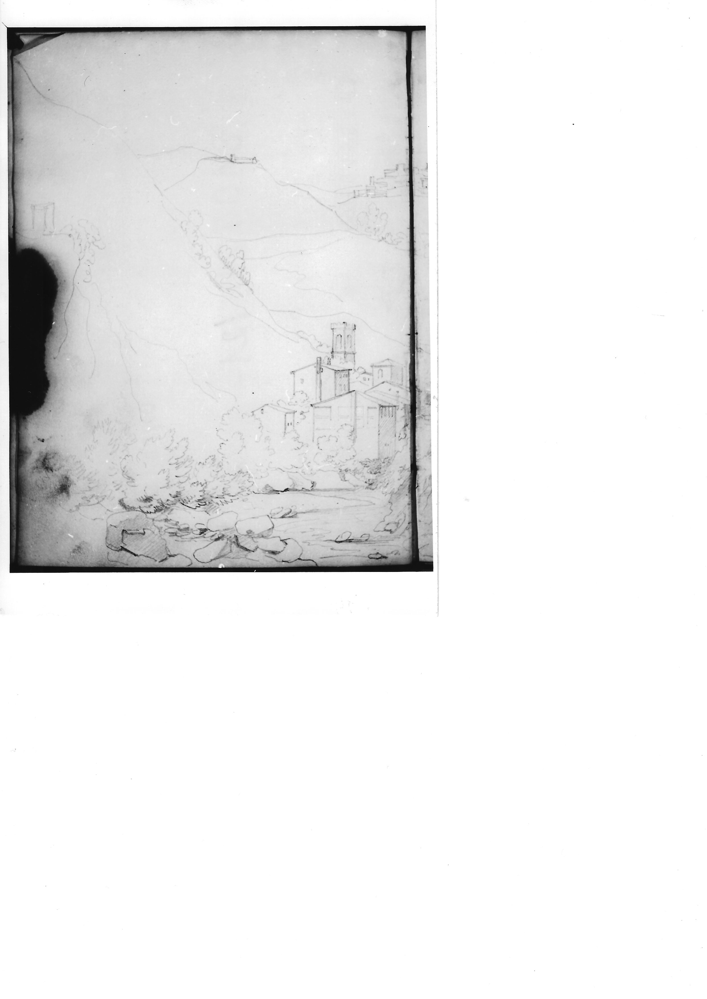 Schizzo con montagna (r.), Veduta di una vallata con fiume e un paese (v.) (disegno) di Bezzuoli Giuseppe (sec. XIX)