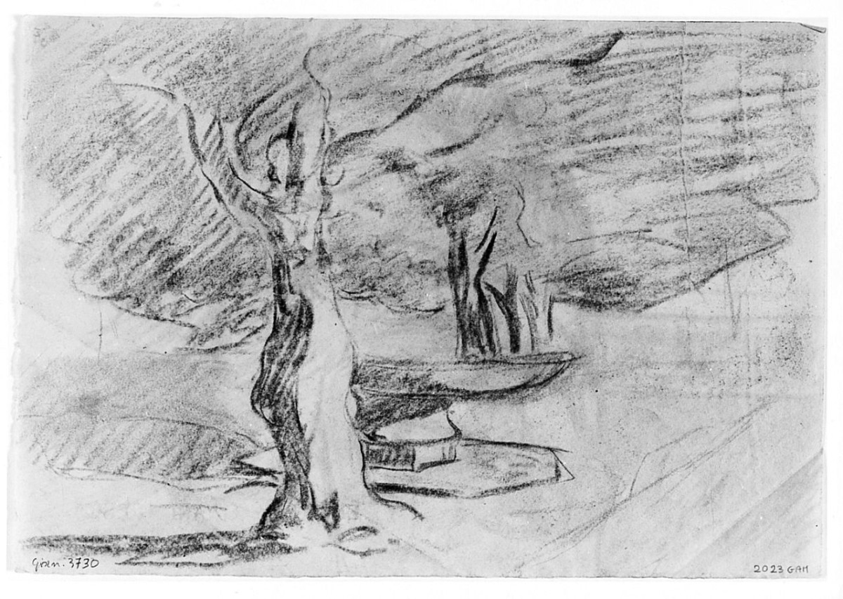 Mamma e Nenette che leggono, figure femminili (r.), paesaggio (v.) (disegno) di Chaplin Elisabeth (sec. XX)