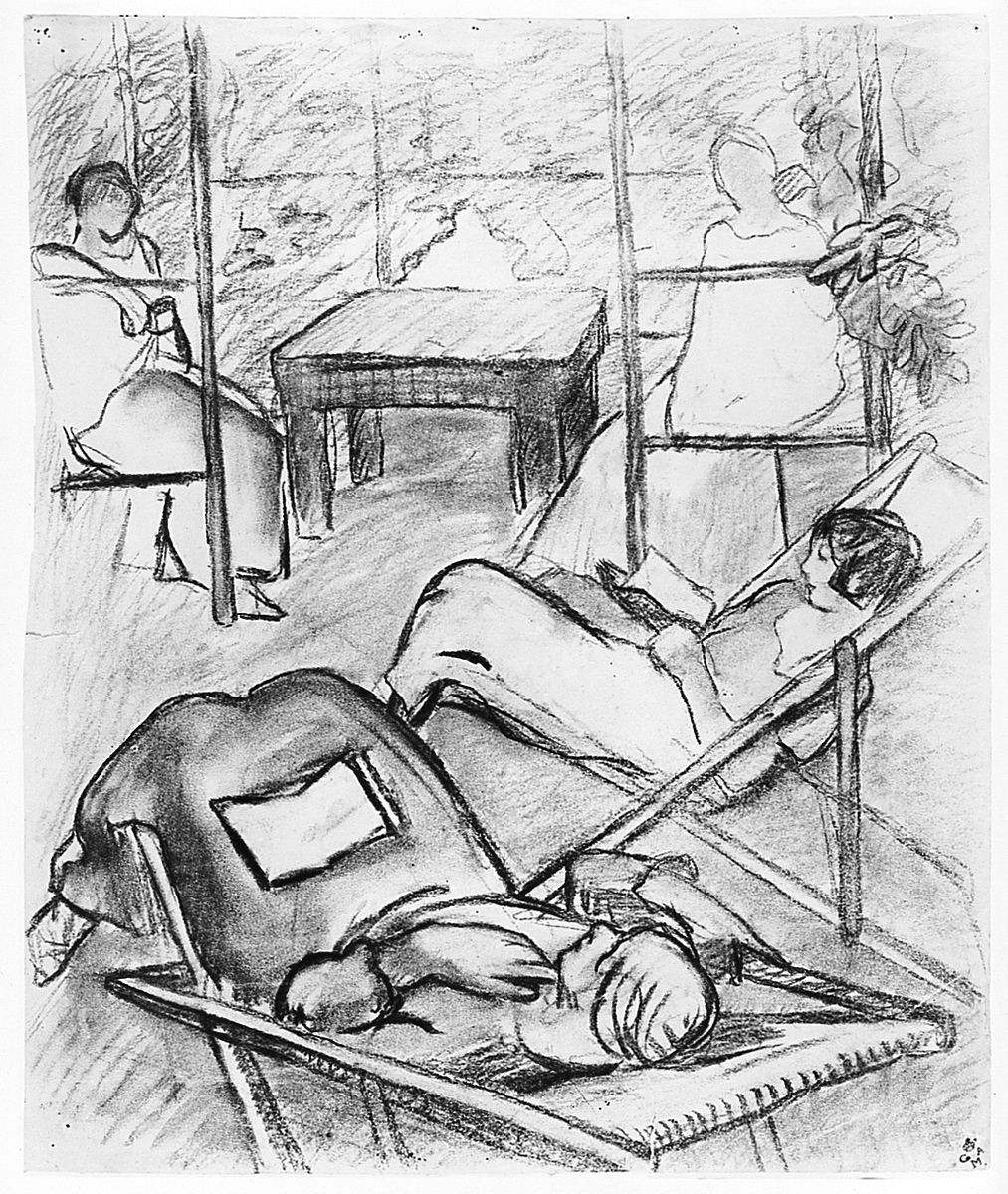 Lettura sotto la pergola (Marguerite, Nenette e Ida), figura femminile (r.), paesaggio (v.) (disegno) di Chaplin Elisabeth (sec. XX)