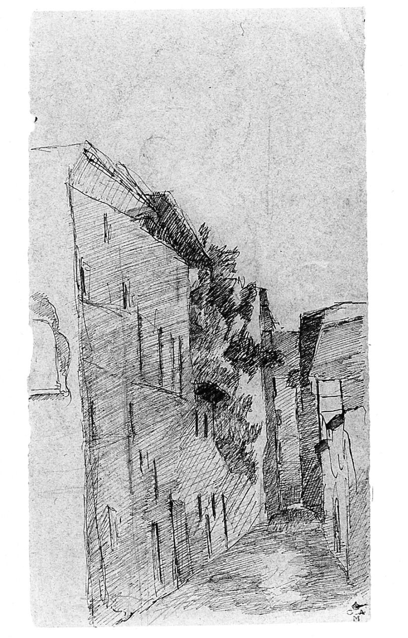 Via Barbacane, Nenette e Marguerite, paesaggio (r.), figure femminili (v.) (disegno) di Chaplin Elisabeth (sec. XX, sec. XX)