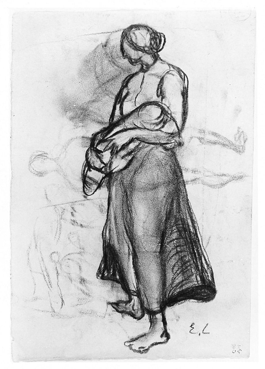 madre con bambino (r.), figura femminile (v.) (disegno) di Chaplin Elisabeth (sec. XX)