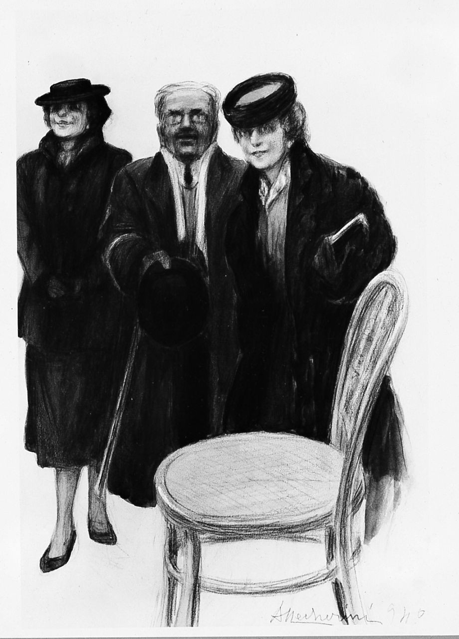 Assidui del Lyceum, figure maschili e femminili (disegno) di Mecherini Amalia (sec. XX)