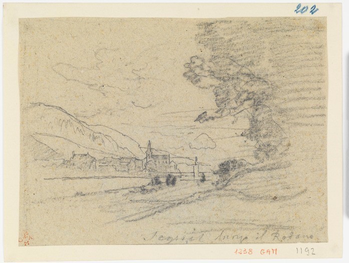 Lungo il Rodano, (r.), Paesaggio, (v.), paesaggio, paesaggio (disegno) di Fontanesi Antonio (sec. XIX)