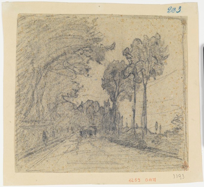 Strada con alberi, paesaggio (disegno) di Fontanesi Antonio (sec. XIX)