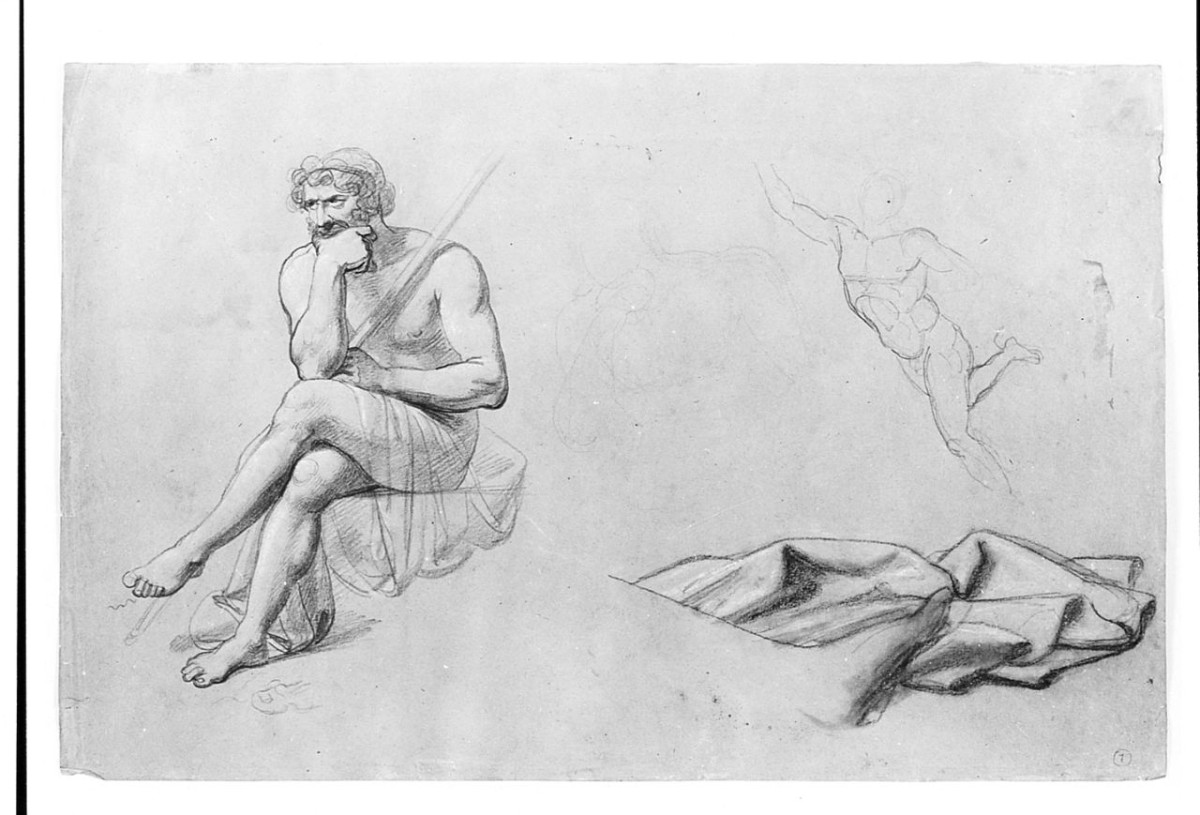 Meditazione, figura maschile (disegno) di Brunelli Claudio (sec. XX)