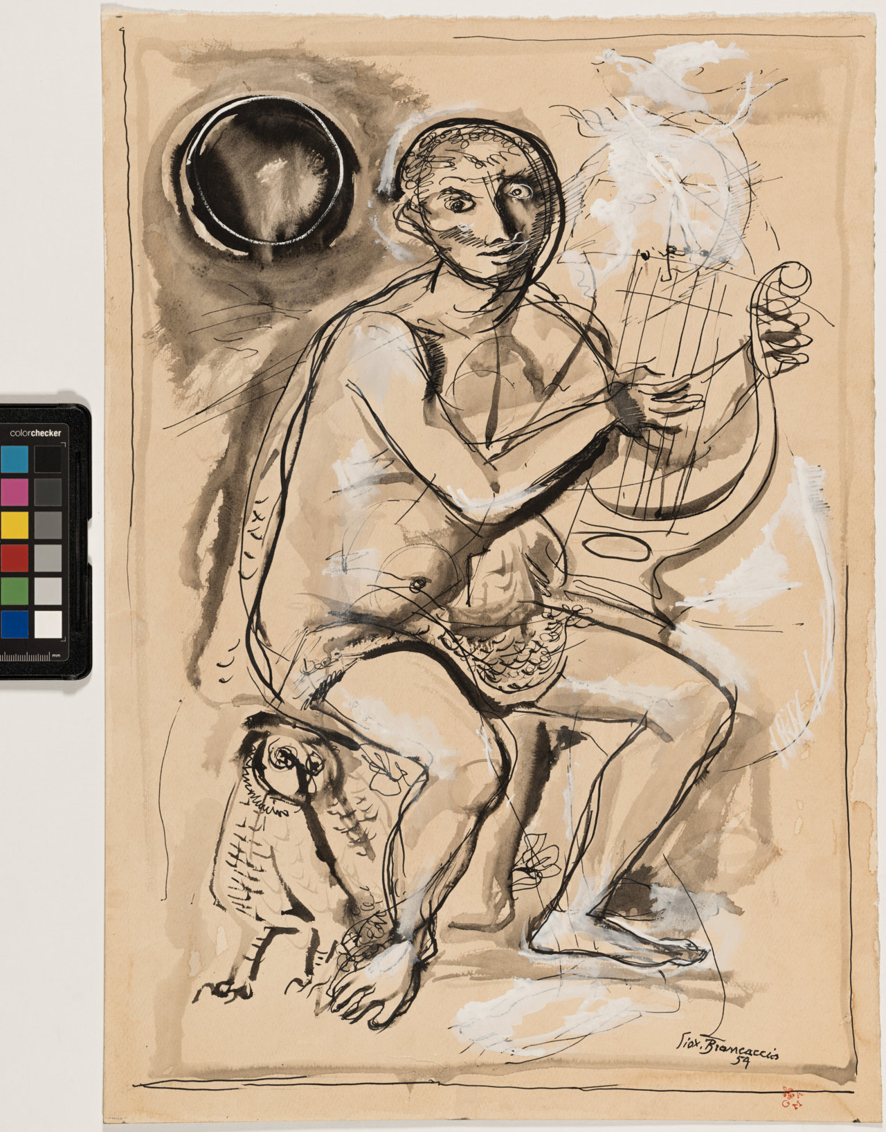 Suonatore di cetra, figura maschile (r.), figura maschile (v.) (disegno) di Brancaccio Giovanni (sec. XX)