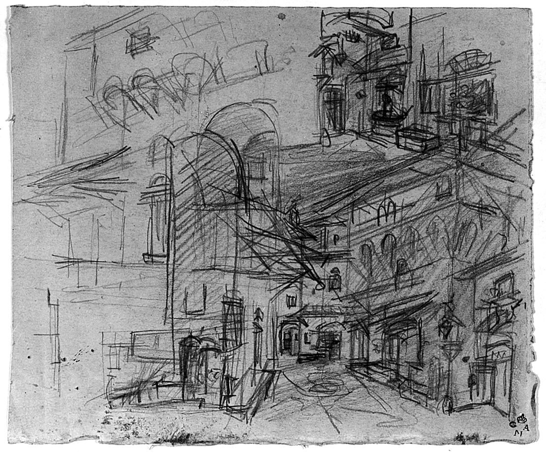 veduta di città (r.), disegno geometrico (v.) (disegno) di Cecchi Adriano (sec. XX)