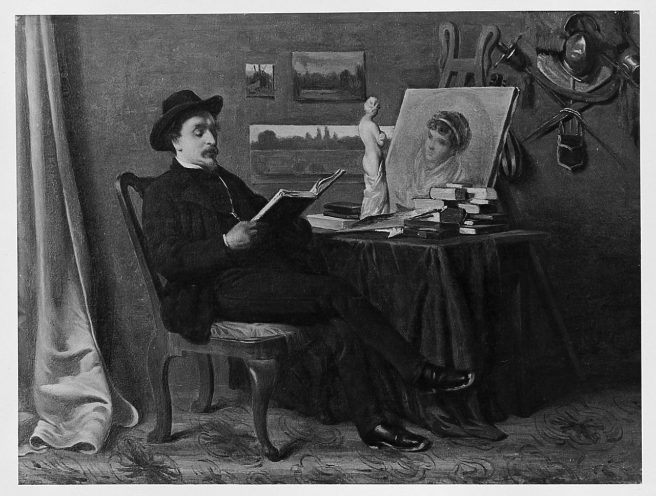 Uomo seduto che legge, figura maschile seduta (dipinto) di Conti Tito (sec. XIX)
