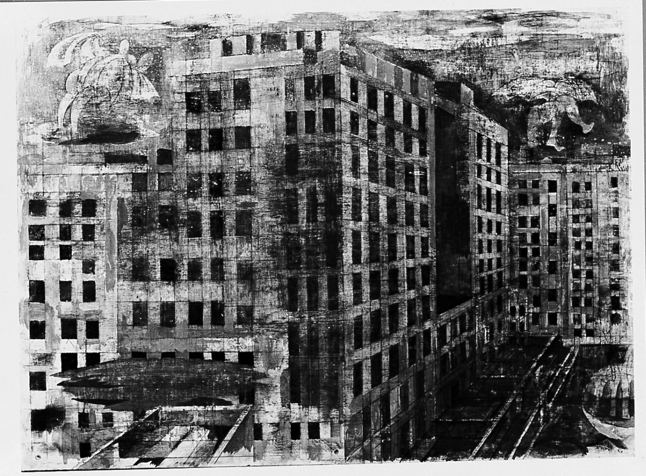 Case moderne in città, paesaggio (dipinto) di De Witt Antonio Paolo (sec. XX)