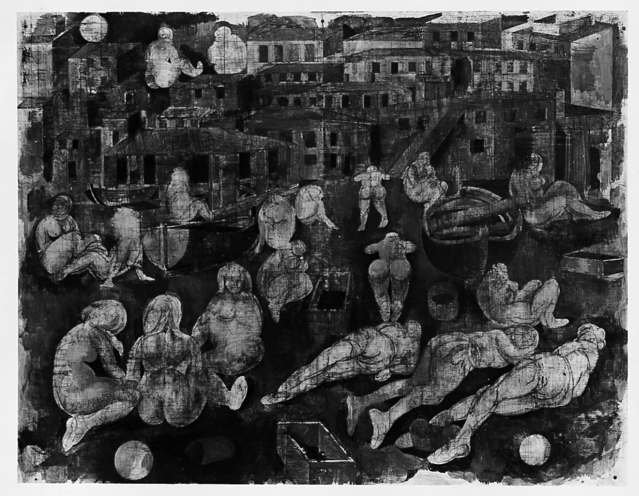 Bagnanti con sfondo di case, bagnanti (dipinto) di De Witt Antonio Paolo (sec. XX)