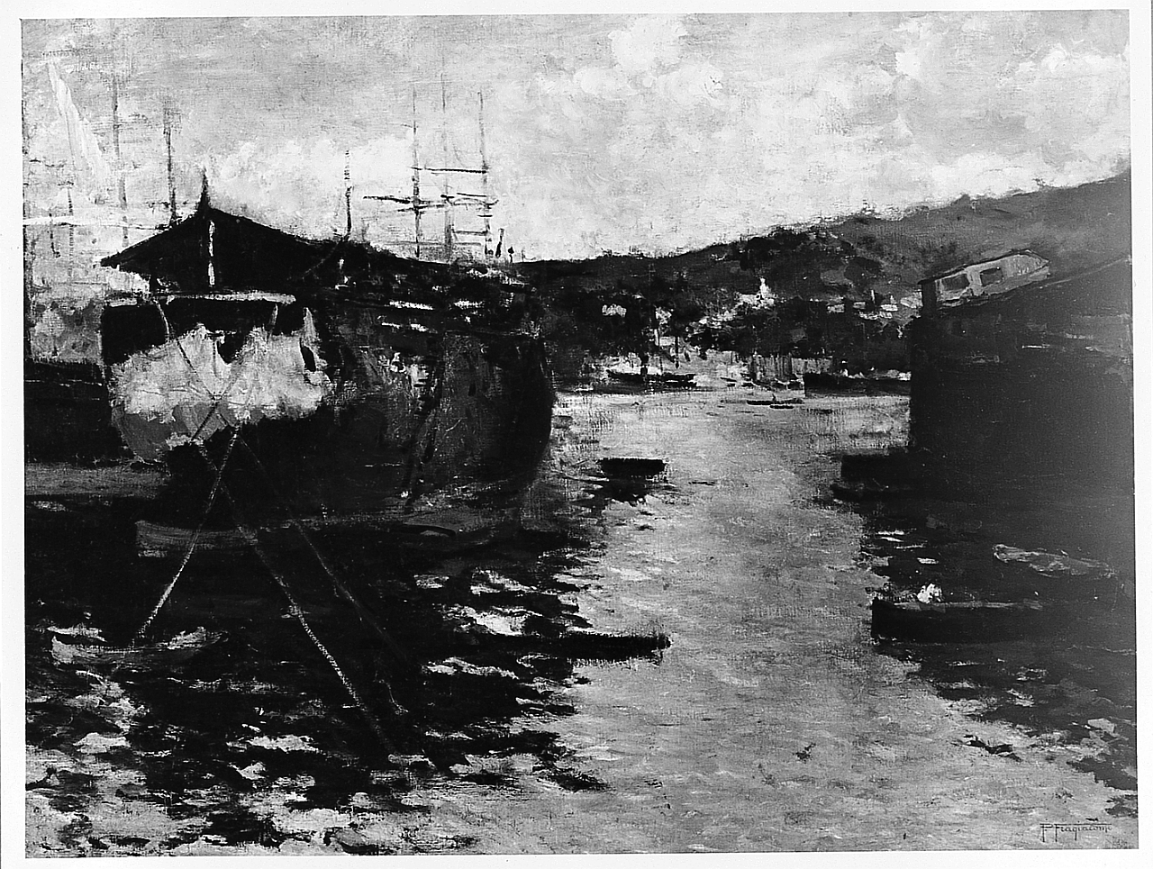 Il cantiere a Monfalcone, veduta del cantiere navale di Monfalcone (dipinto) di Fragiacomo Pietro (sec. XIX)