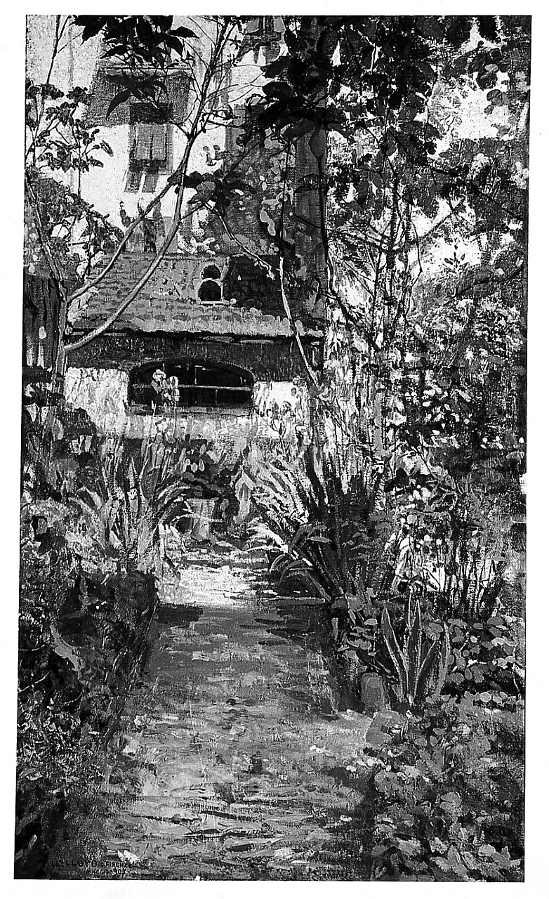 Trittico del giardino in fiore (Il viale, La casa, Il pozzo), giardino (dipinto) di Lloyd Llewelyn (sec. XX)