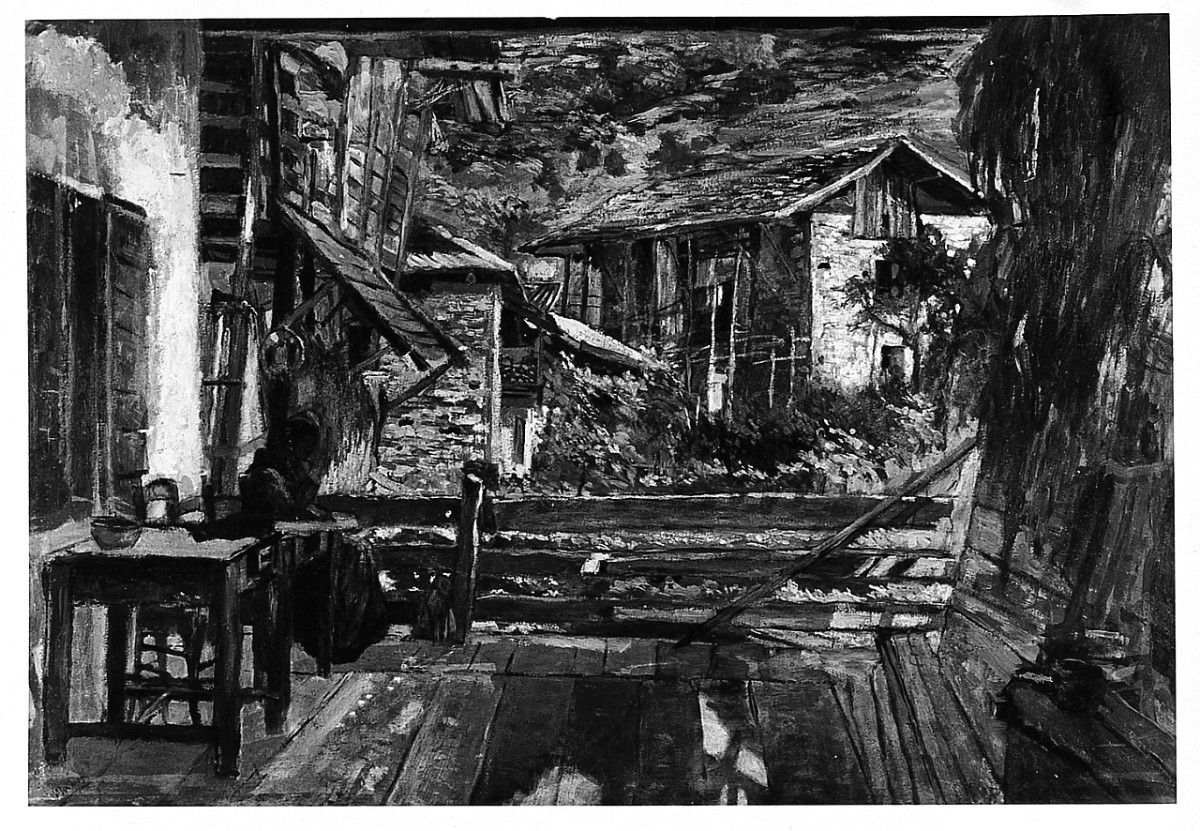 Interno di baita a Roncegno (Sulla terrazza del casolare), paesaggio rurale (dipinto) di Levi Luigi (sec. XX)