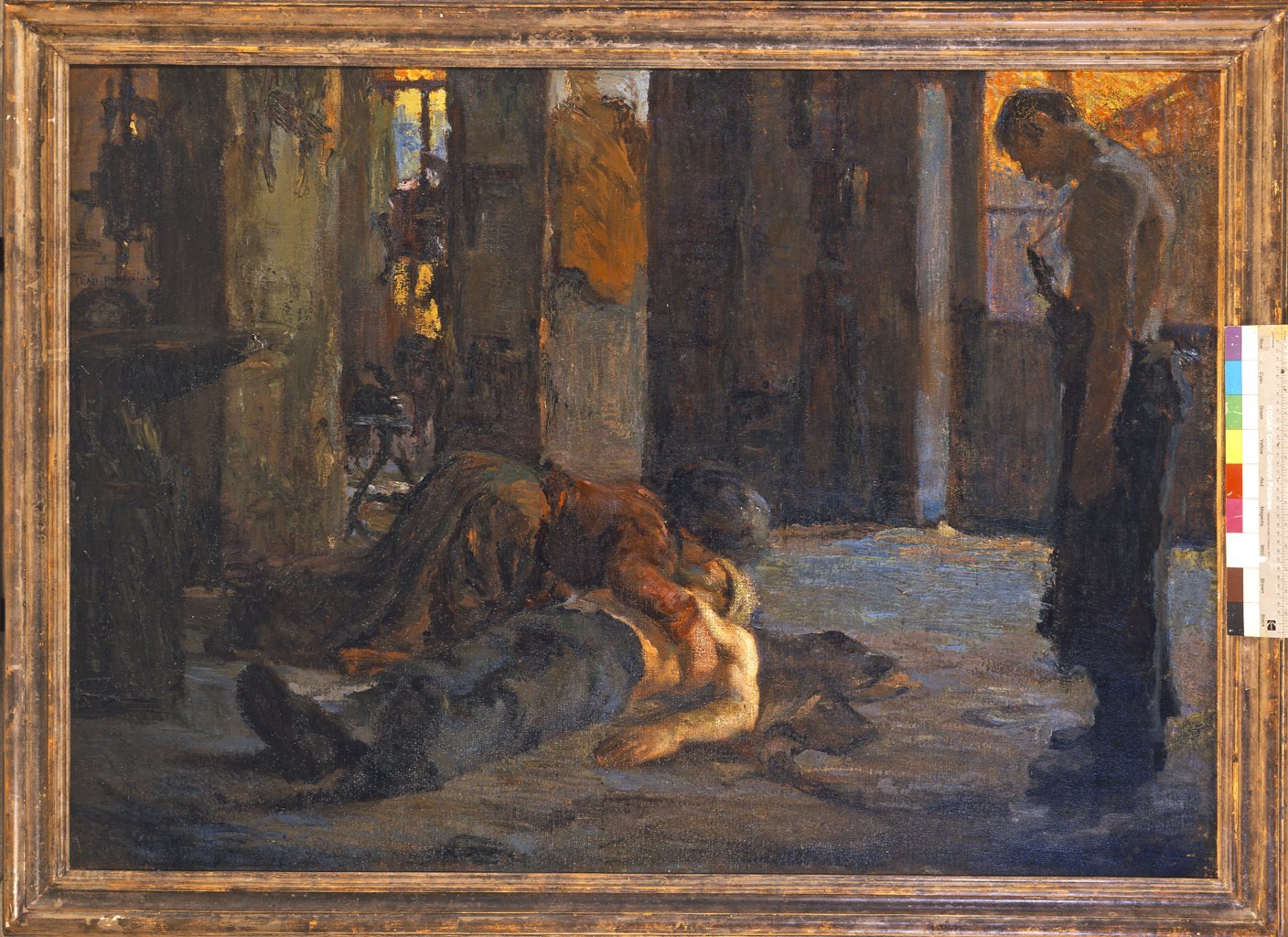 Incidente in fabbrica, interno con figure maschili (dipinto) di Nomellini Plinio (sec. XIX)