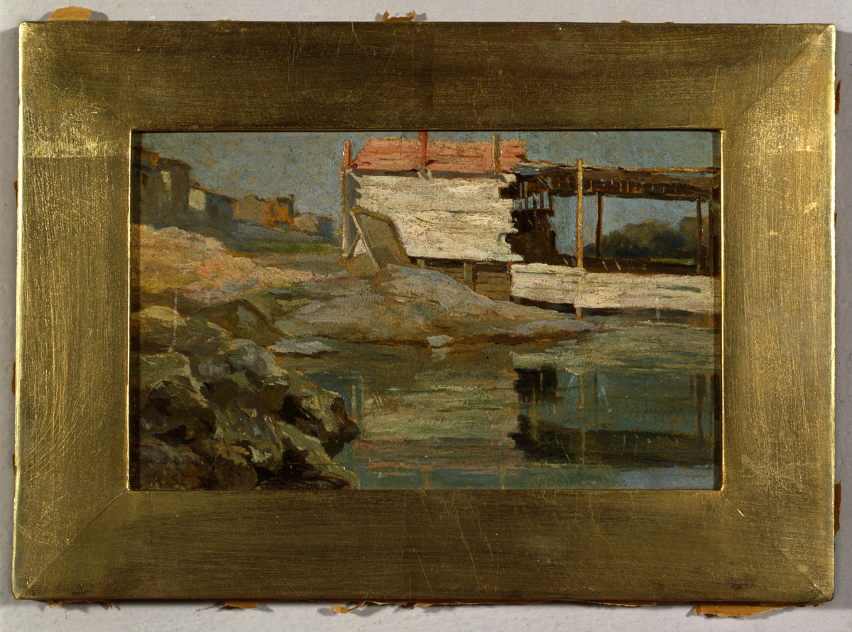 Paesaggio sull'Arno, paesaggio fluviale (dipinto) di Sernesi Raffaello (attribuito) (sec. XIX)