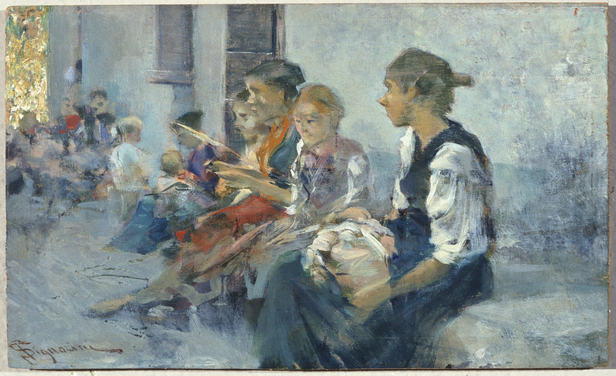 Donne sedute, scena campestre con figure (dipinto) di Signorini Telemaco (sec. XIX)