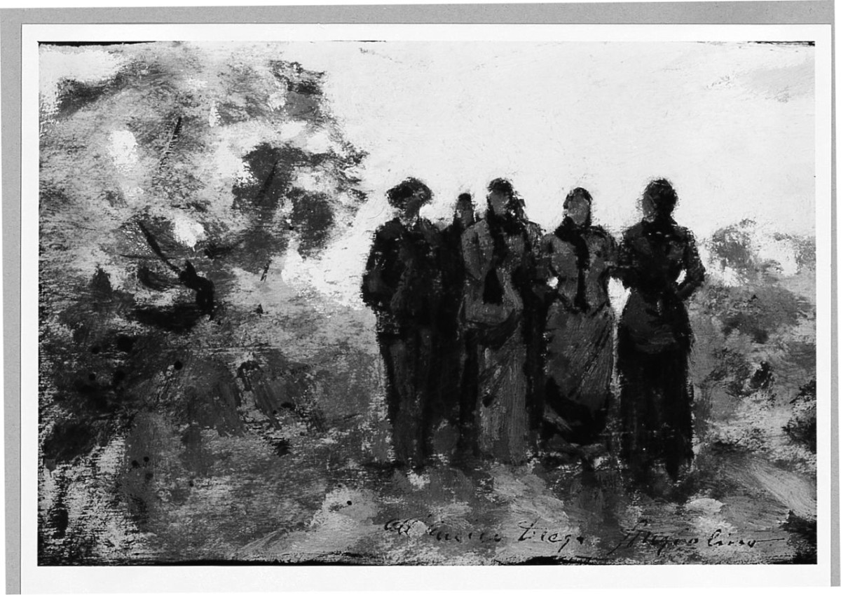 Passeggiata in campagna, scena campestre con figure (dipinto) di Tommasi Angiolo (fine sec. XIX)
