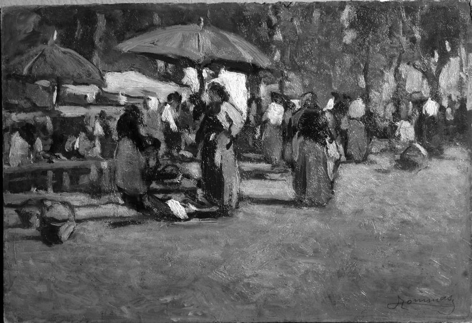 Il mercato, contadina al mercato (dipinto) di Tommasi Lodovico (sec. XIX)