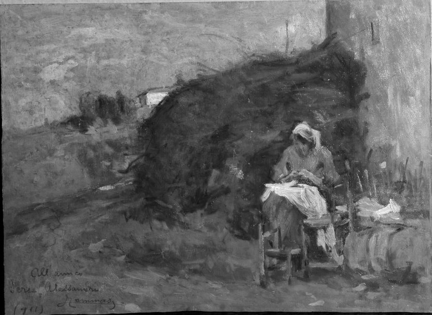 Contadina che cuce, donna che cuce (dipinto) di Tommasi Lodovico (sec. XX)