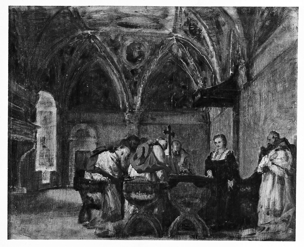 scena medievale, interno con figure maschili (dipinto) di Ussi Stefano (sec. XIX)