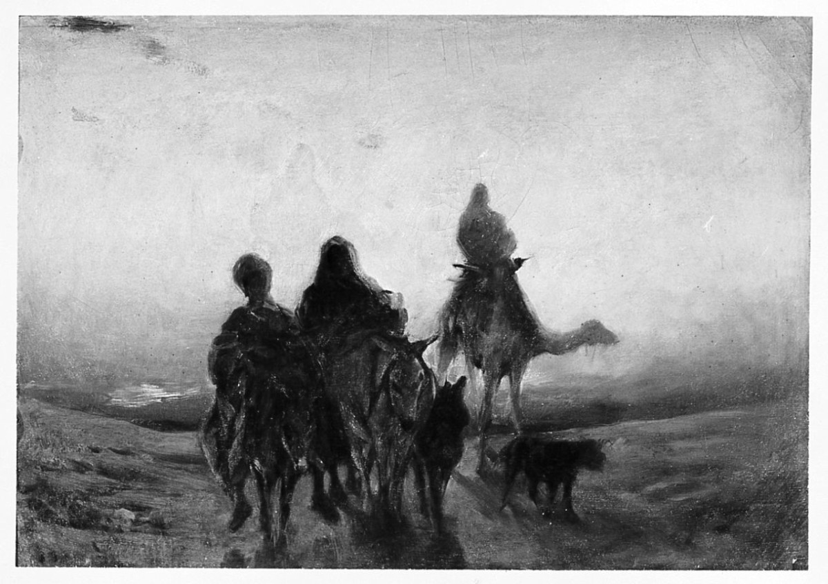 Cammelli nel deserto, deserto con figure e cammelli (dipinto) di Ussi Stefano (sec. XIX)