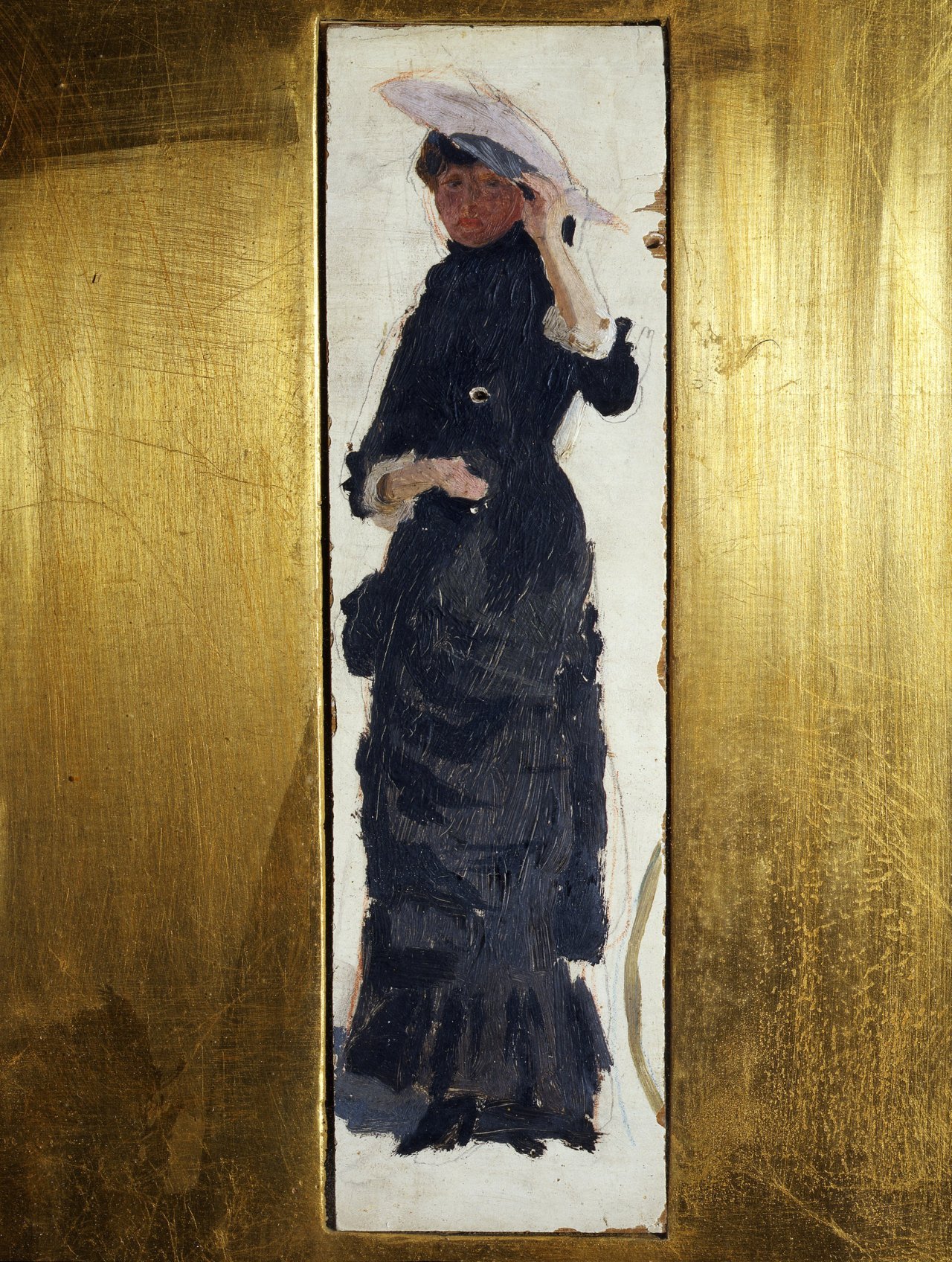 Signora in piedi con ventaglio, figura femminile (dipinto) di Belimbau Adolfo (sec. XIX)