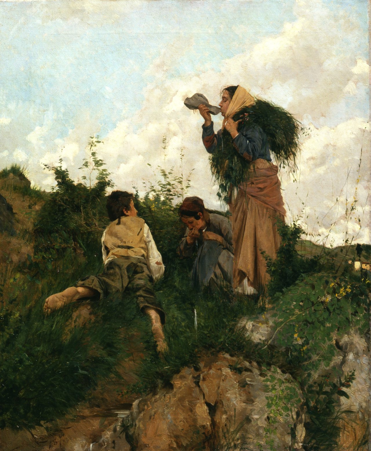 La sete nei campi, famiglia di contadini (dipinto) di Cannicci NiccolÃ² (sec. XIX)