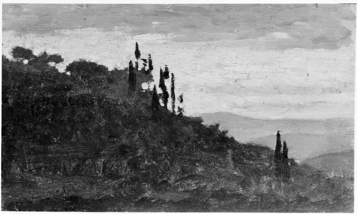 Profilo di collina degradante e cielo nuvoloso, paesaggio (dipinto) di Cecconi Eugenio (sec. XX)