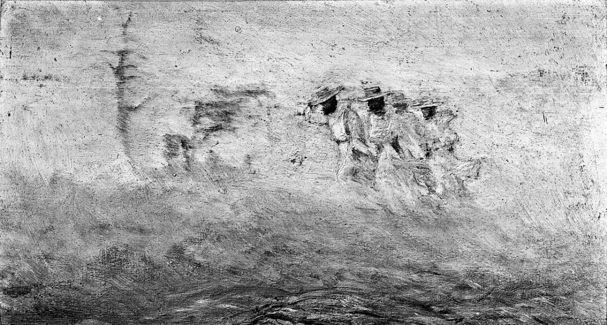 Frati nella nebbia, figure maschili (dipinto) di Cecconi Eugenio (sec. XIX)