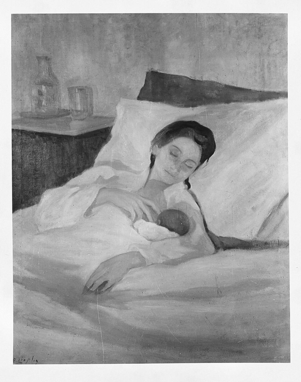 Maternità, giovane madre con infante (dipinto) di Chaplin Elisabeth (sec. XX)