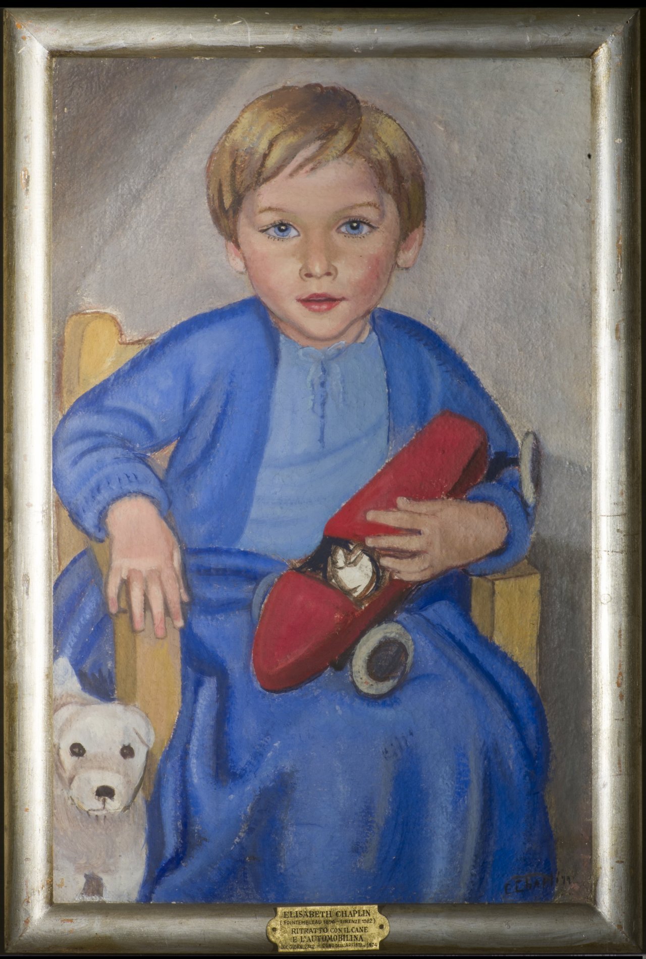 ritratto di Robert con cane e automobilina, ritratto di bambino (dipinto) di Chaplin Elisabeth (sec. XX)
