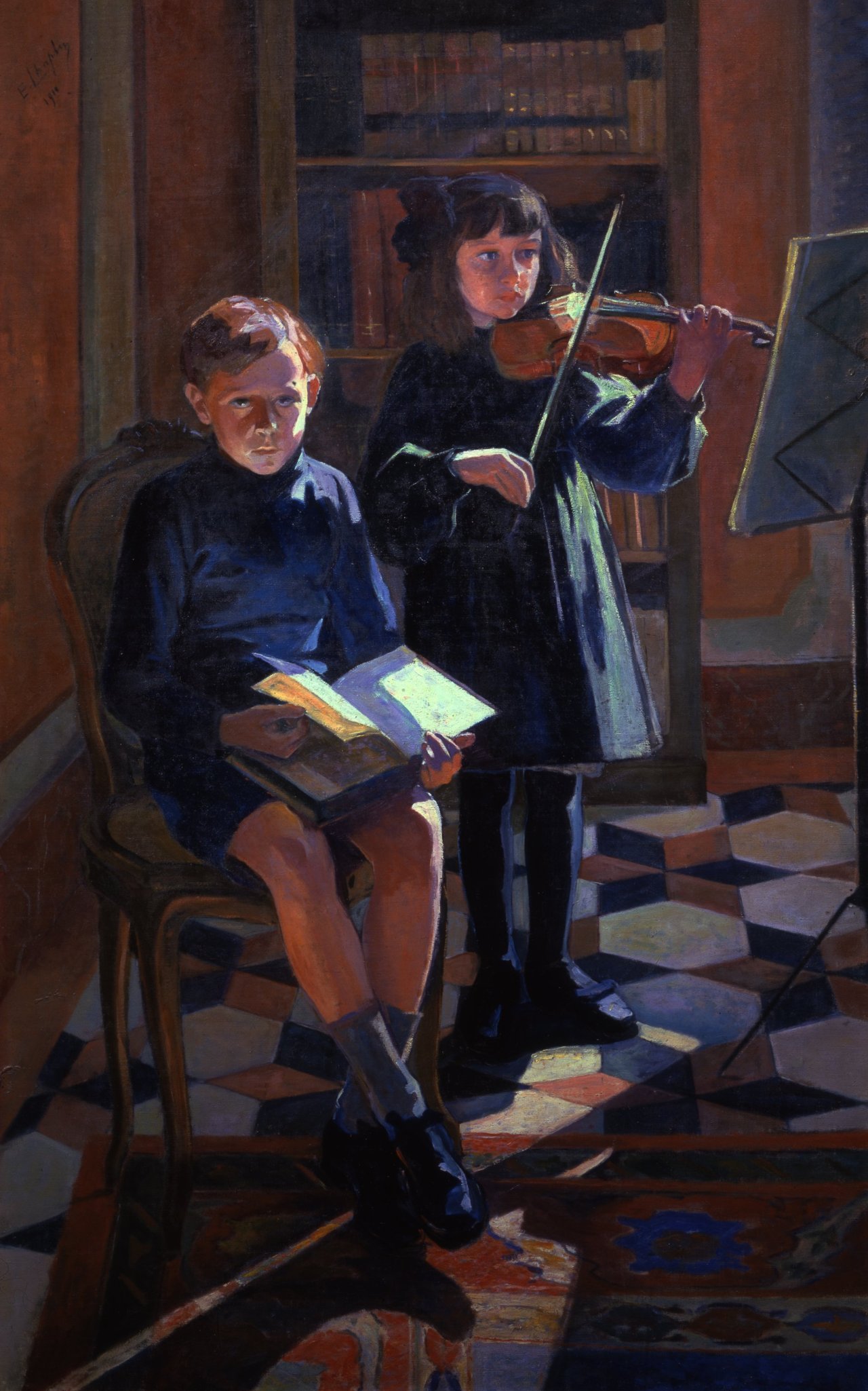 Ora di studio, interno con figure (dipinto) di Chaplin Elisabeth (sec. XX)