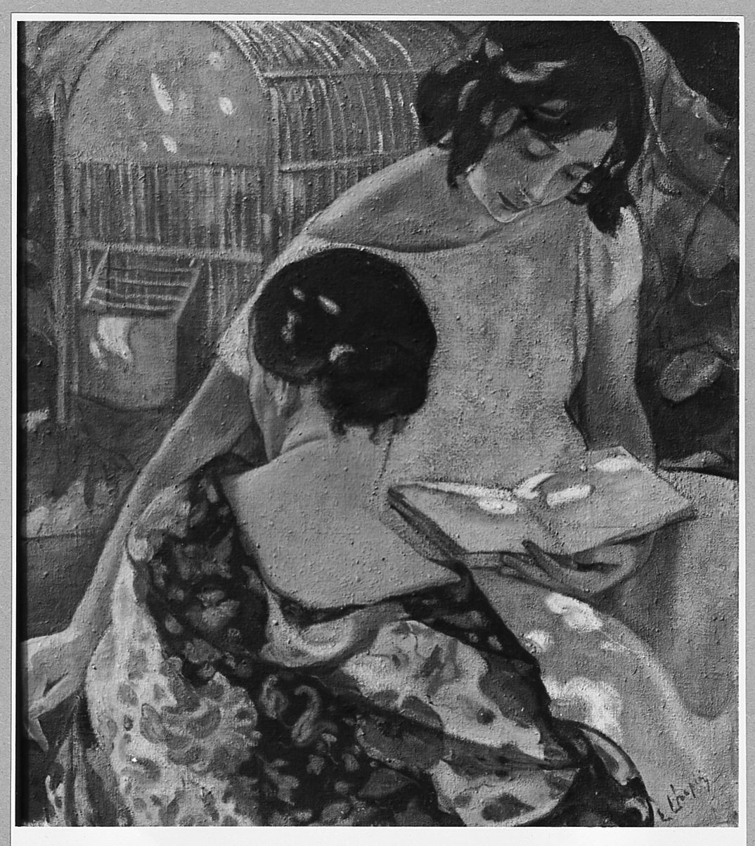 Ida, Nenette e gabbia di usignolo, figure femminili (dipinto) di Chaplin Elisabeth (sec. XX)