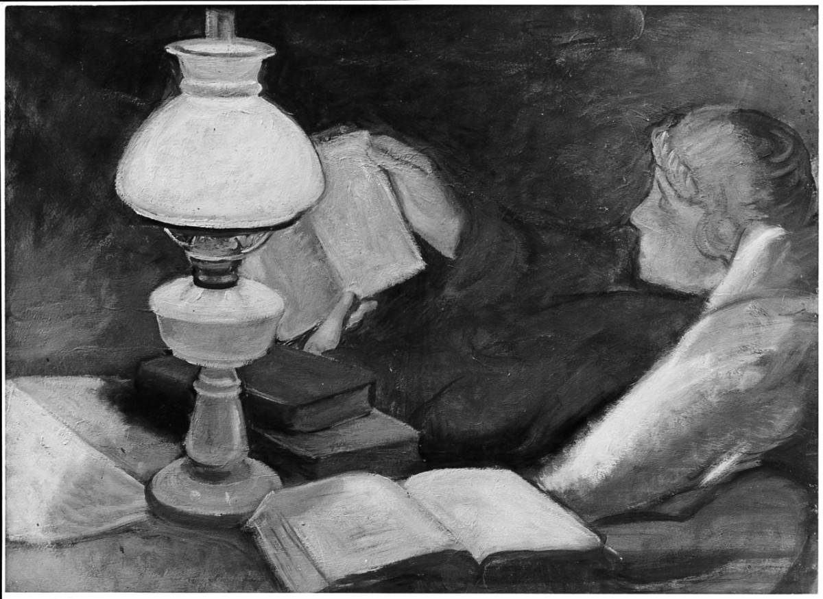 La madre che legge a lume di lampada, figura femminile (dipinto) di Chaplin Elisabeth (sec. XX)