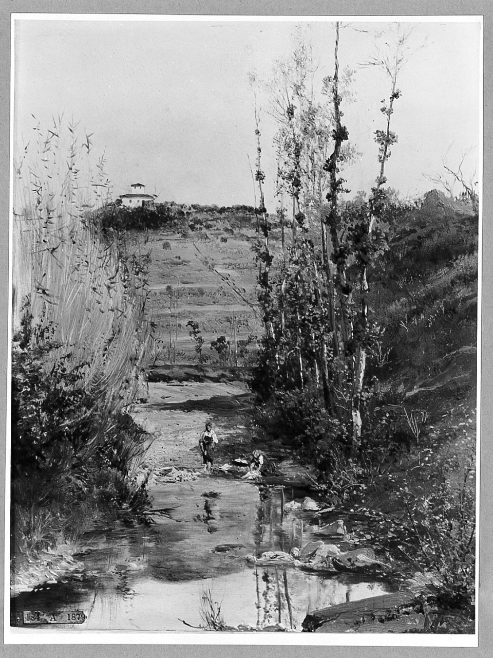 Lavandaie sul fiume Ema, paesaggio con figure (dipinto) di MarkÃ² Enrico (sec. XIX)