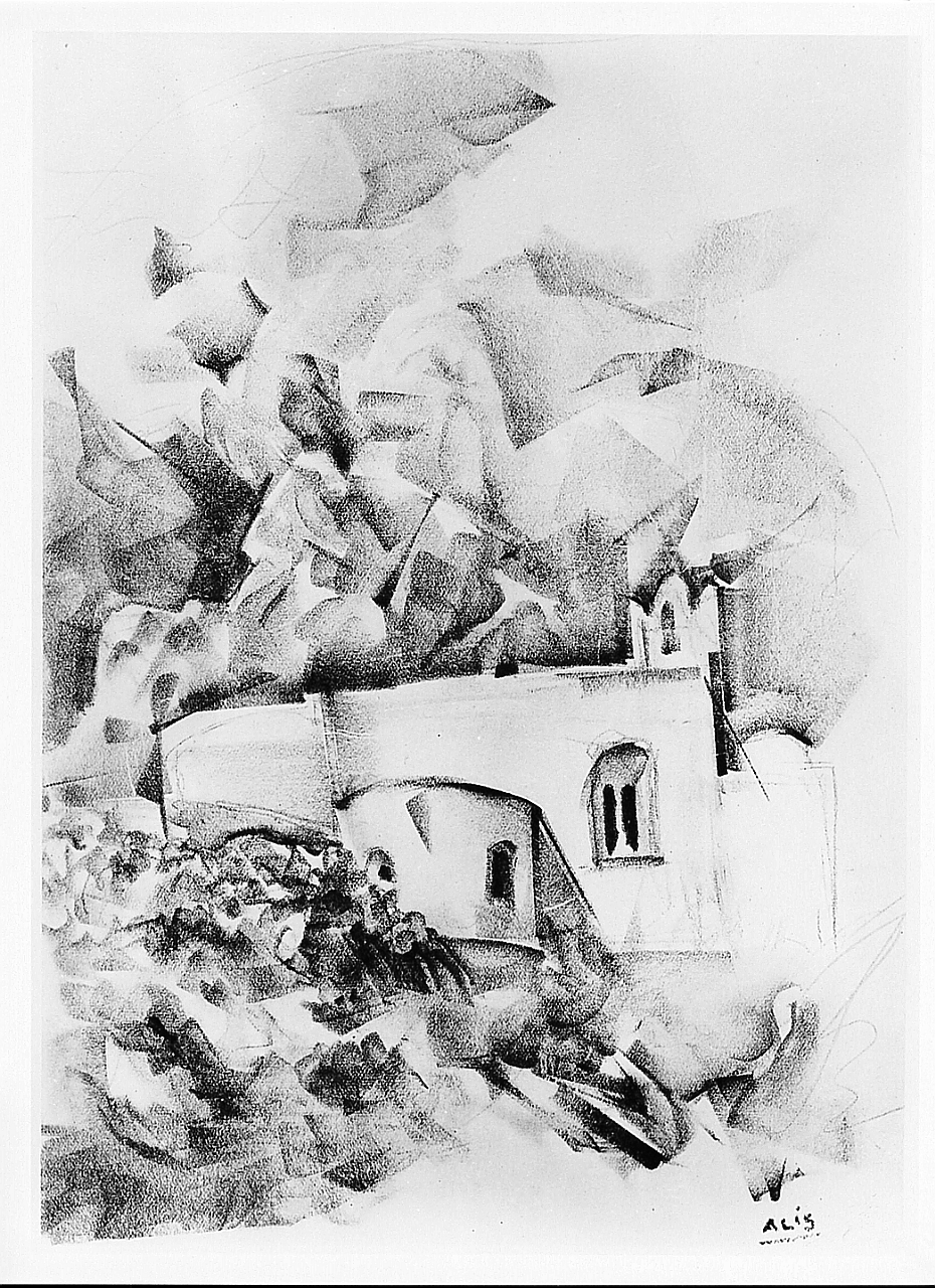 paesaggio con architetture (stampa) di Levi Alis (sec. XX)