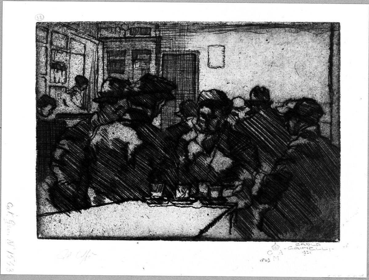 interno con figure (stampa) di Cainelli Carlo (sec. XX)