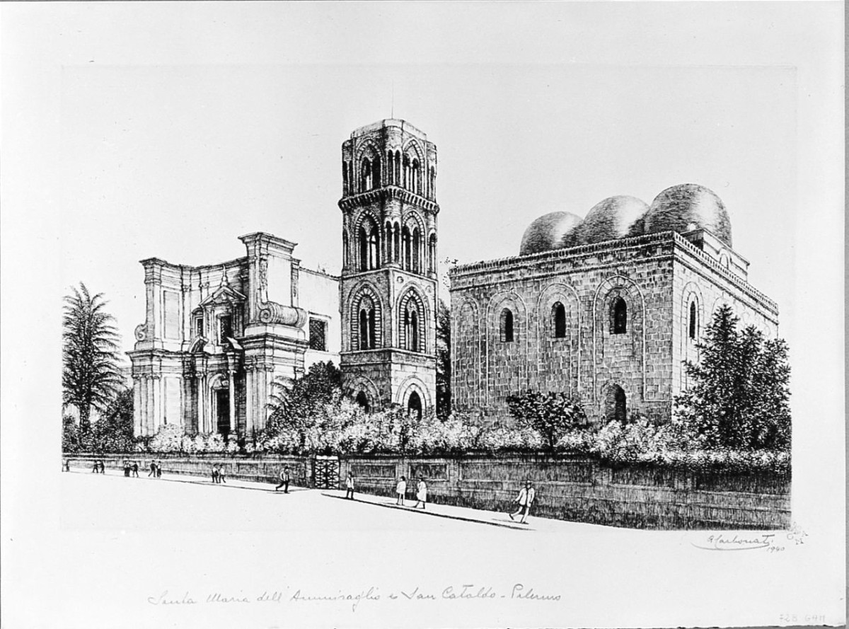 Santa Maria dell'Ammiraglio e San Cataldo - Palermo (stampa) di Carbonati Antonio (sec. XX)