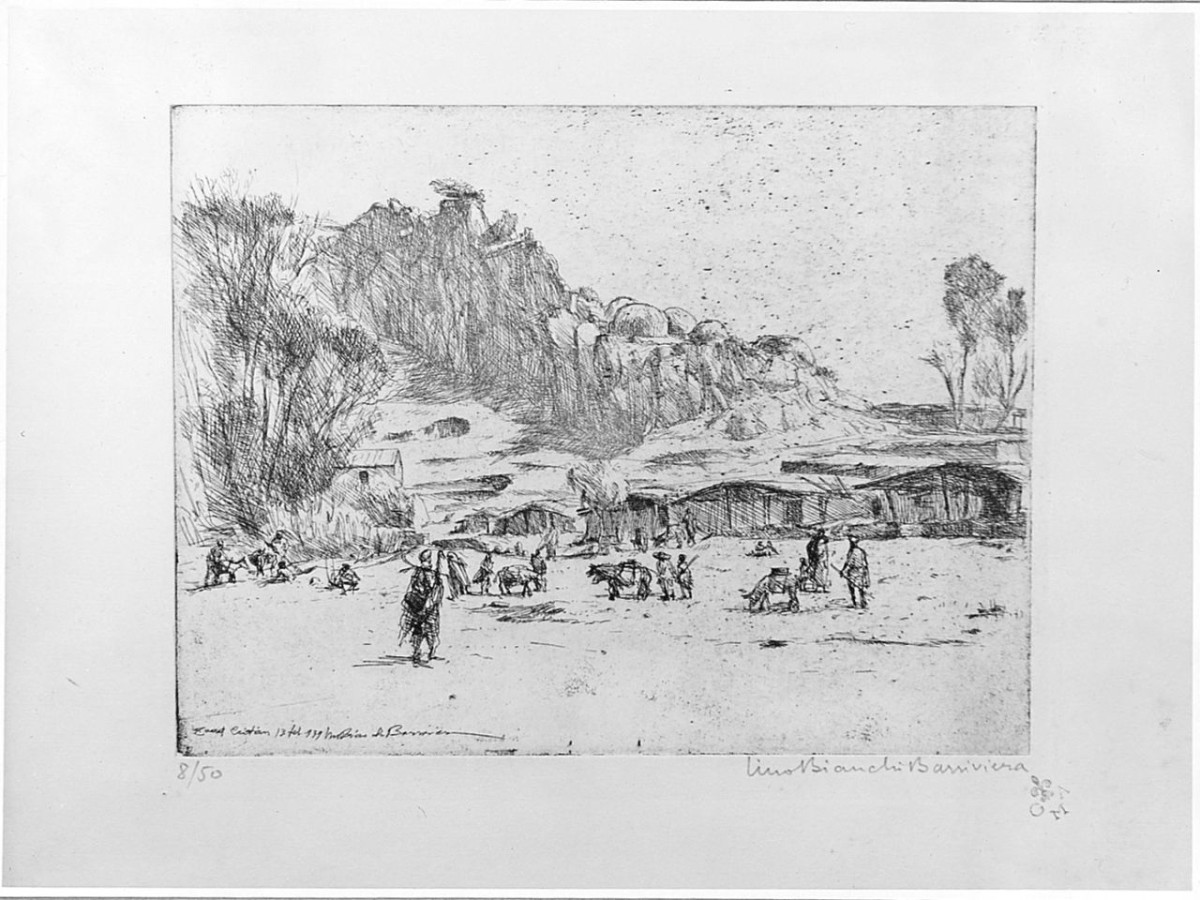 paesaggio con figure e animali (stampa) di Barriviera Bianchi Lino (sec. XX)